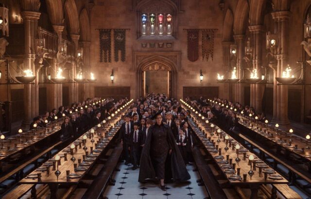 Janet McTeer en professeure McGonagall conduit les élèves de première année dans la Grande Salle de Poudlard pour la cérémonie de répartition